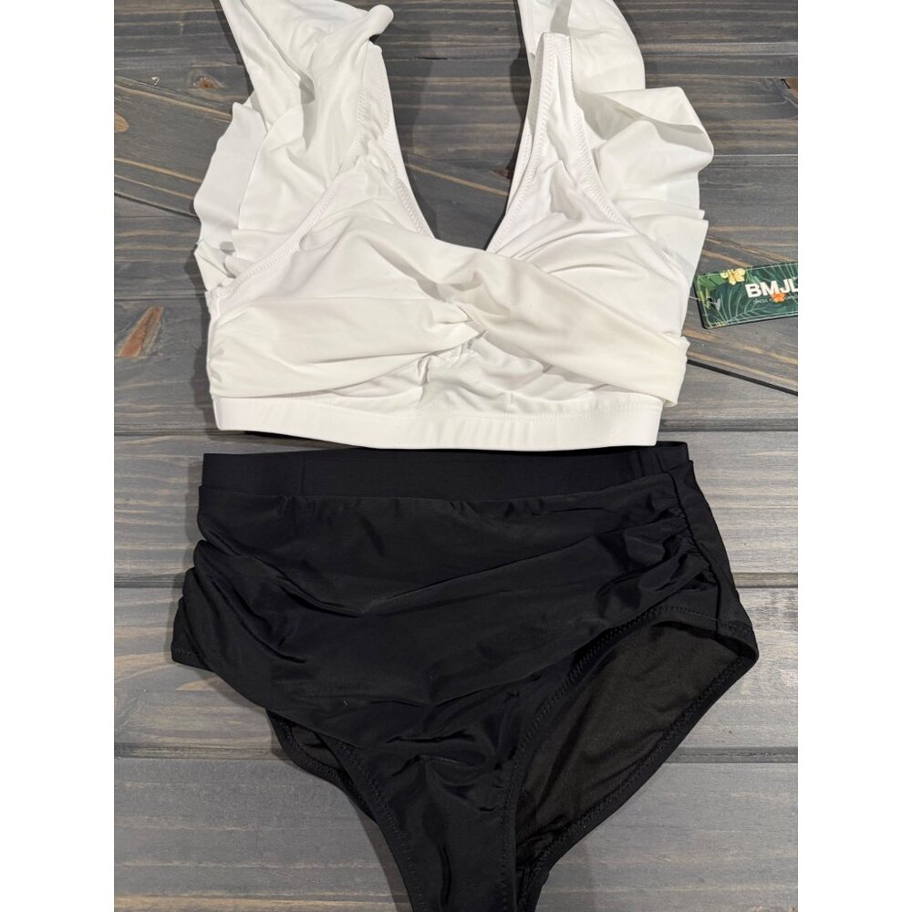 Two-Piece White Ruffle Swim Top & High-Waisted Black Bikini Bottoms  by BMJL - S